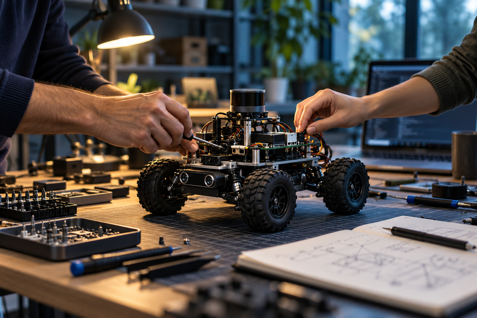 Engineers collaborating on a mobile robot at a robotics workbench